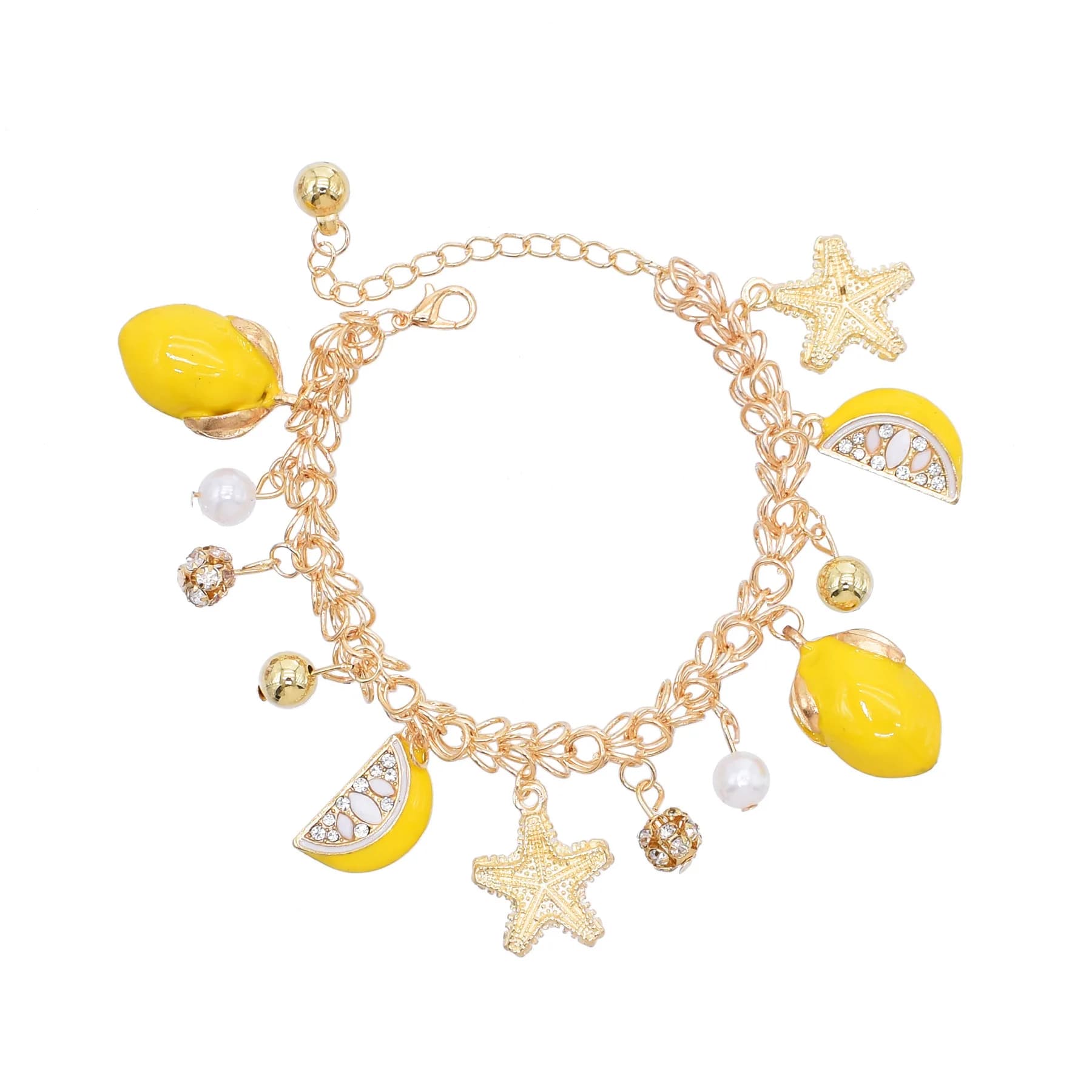 Bracciale con ciondolo a forma di limone con stella marina a forma di goccia gialla in lega, braccialetti da ragazza con nappa di perle super carini, gioielli per feste in spiaggia estiva
