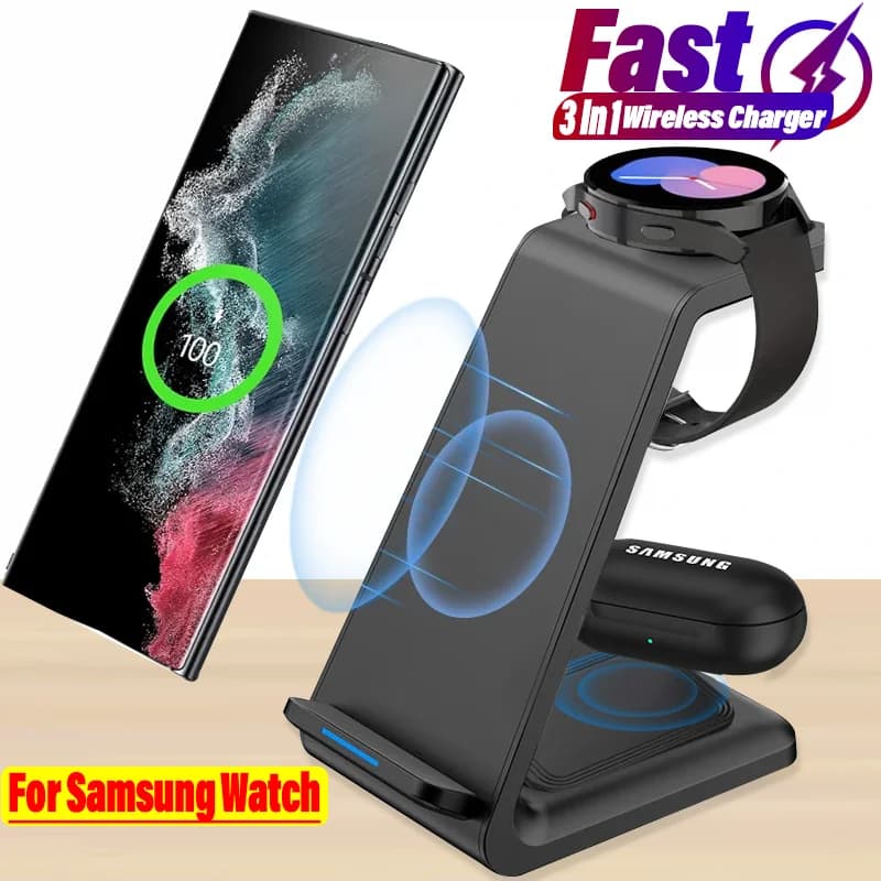 Supporto per caricabatterie wireless 3 in 1 per Samsung Galaxy S23 S22 S21 Watch 6 Pro/5/4/3 Active 1 2 Buds 2 Pro Plus Stazione di ricarica rapida