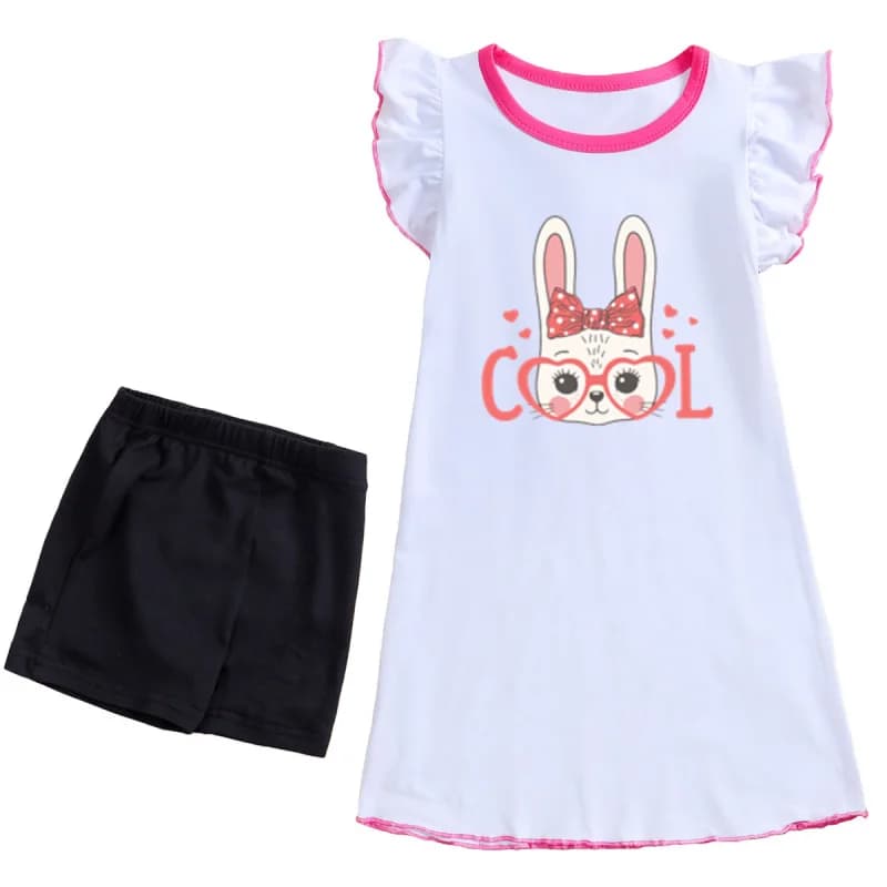 IURNXB 2PCS Set di vestiti per bambini Simpatico cartone animato Coniglio Abito con maniche in pizzo + Fondo Bambina Principessa Gonna a-line Abiti per bambini 1-6Y