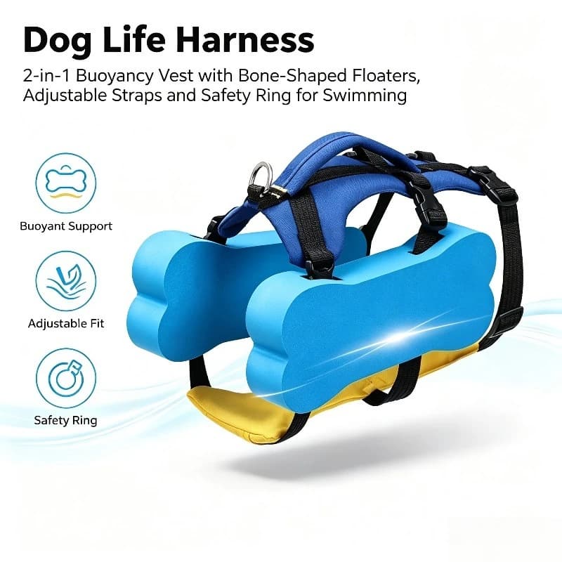 Adjustable Dual-use Dog Life Jacket Pet Harness Vest, Floatation Safety Suit for Dog Swimming & Outdoor Walking