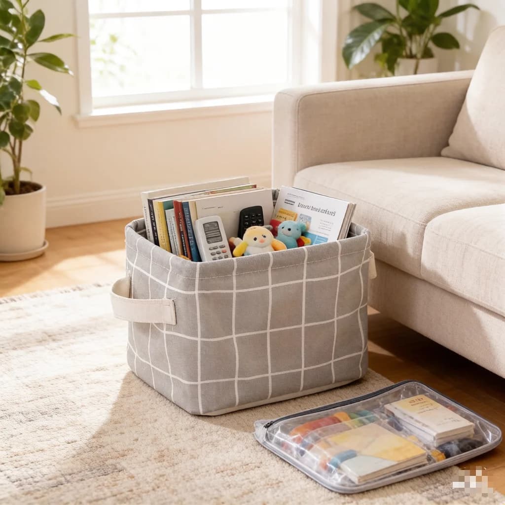 Linen desk basket, toy organizer, various items, underwear, cosmetics, office stationery