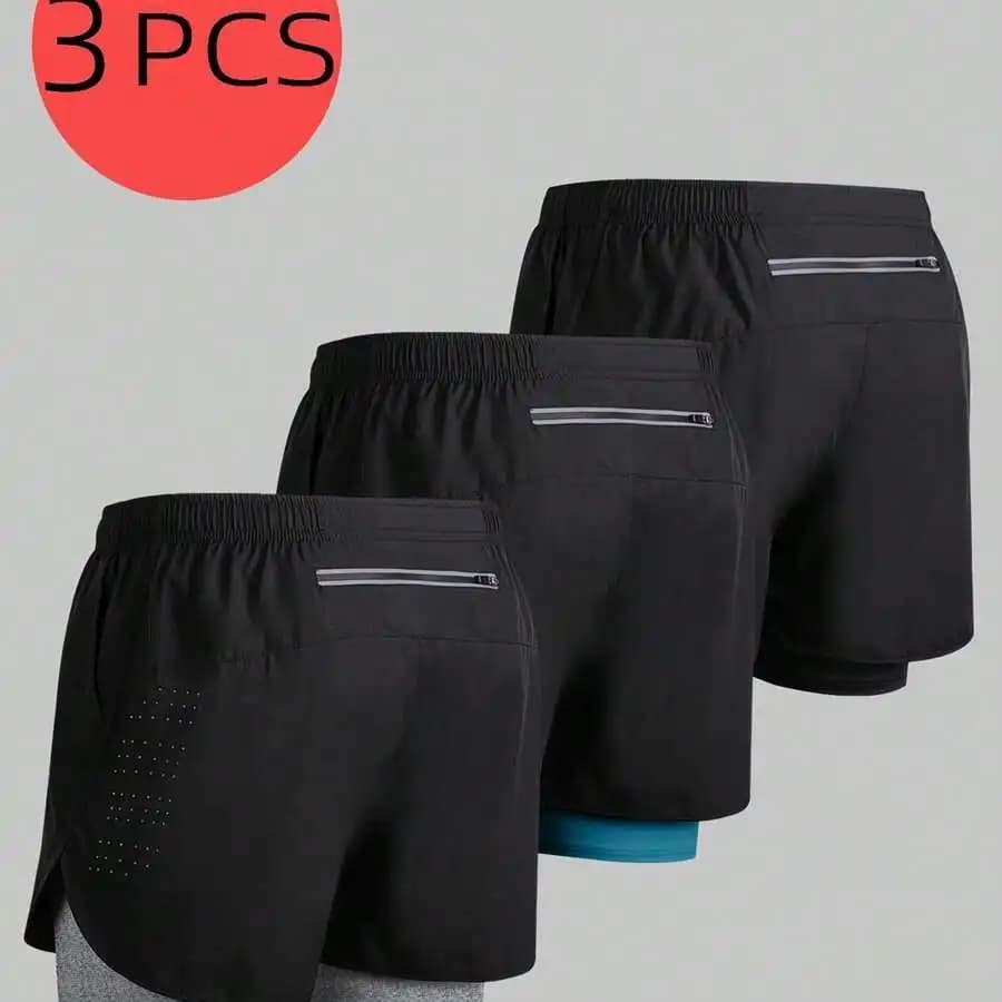3-Pack Mens 2-In-1 Athletic Shorts With Zippered Pockets Quick Dry Loose Fit For Running Fitness Outdoor Summer