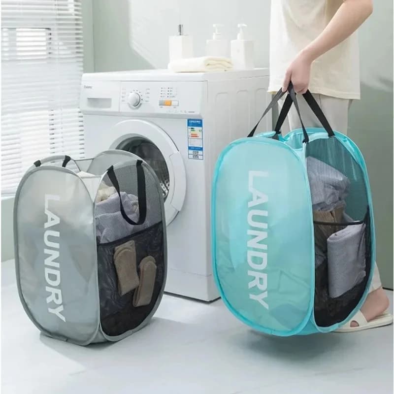 Foldable Mesh Pop Up Laundry Hamper Wide Opening Breathable Collapsible Space-Saving Laundry Basket Dorm Travel Bathroom Items
