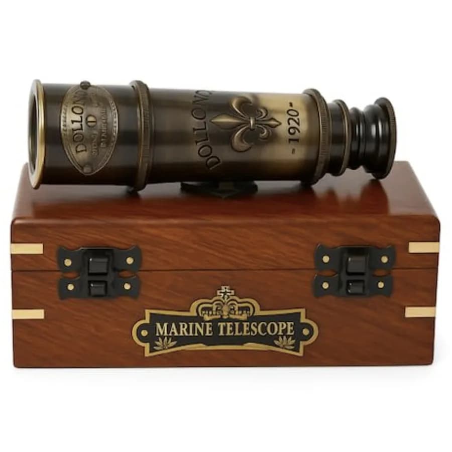 Telescopio Marino Vintage 1920 in Ottone con Scatola in Legno, Telescopio Nautico Antico da 15 Pollici, Telescopio da Pirata da Collezione Portatile
