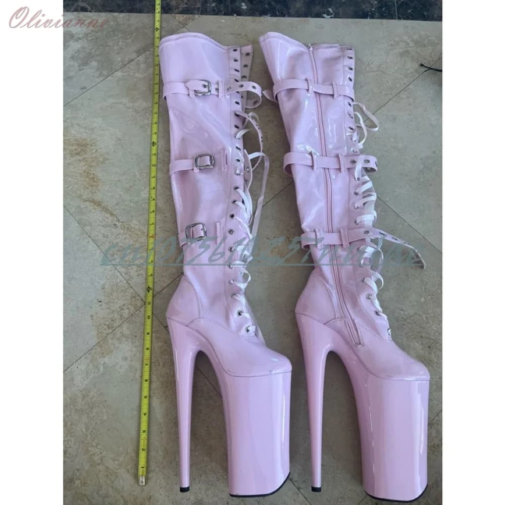 Stivali Platform Rosa Lucidi Sopra il Ginocchio con Tacco Estremo da 26 cm, Allacciati, con Fibbia, Tacco a Spillo per Ragazze, Ideali per Pole Dance e Clubwear