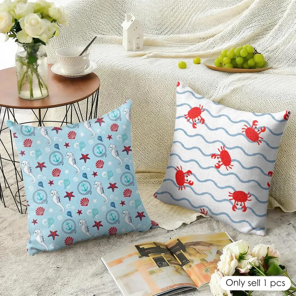 Fodera per cuscino con motivo gamberetti e granchi, in lino naturale, tessuto organico, stampa fronte-retro, per divano, decorazione per la casa, regalo, federa per cuscino