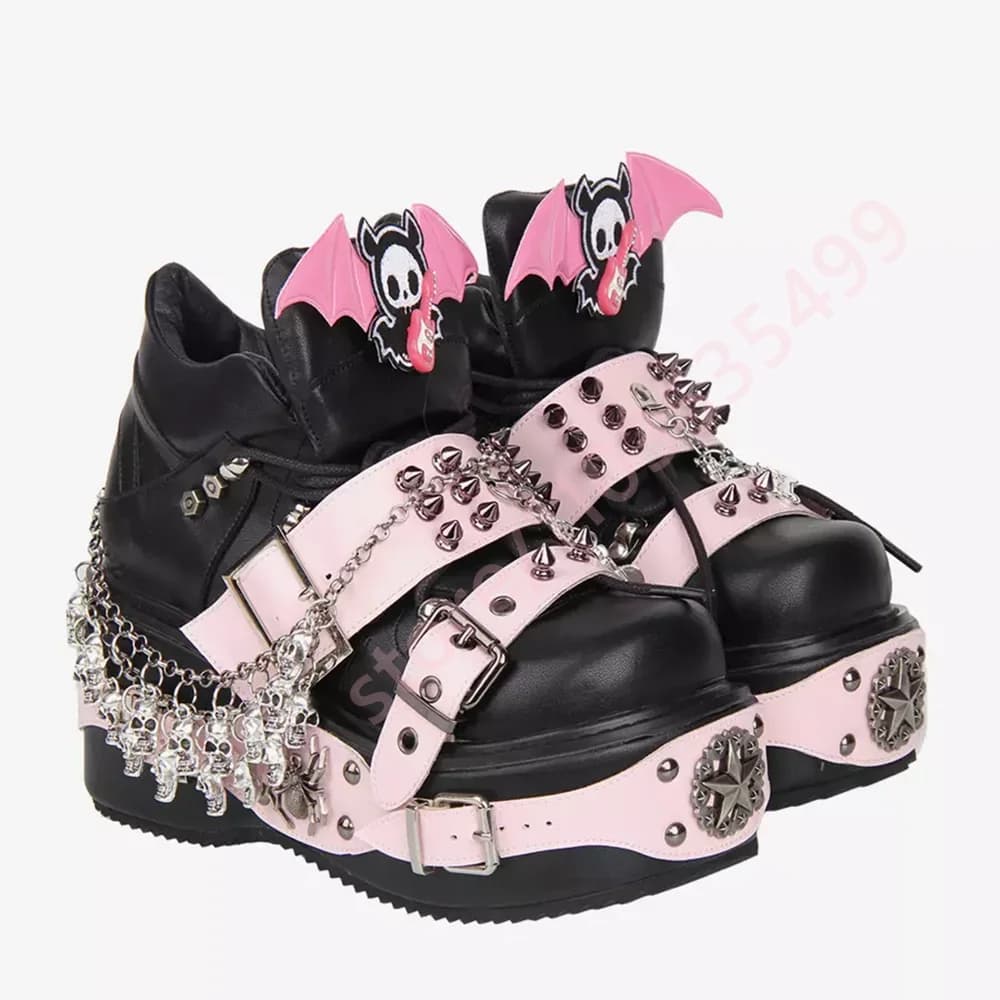Black Pink Contrast Platform Ankle Boots Women Bat Skull Spike Spider Buckle Chain Decor Gothic Y2K Punk Wedge High Heel Booties