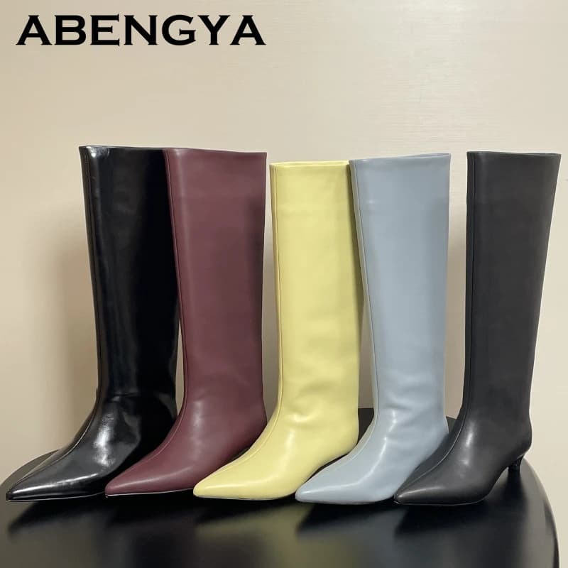 2025 Autumn Winter Kitten Heels Knee-High Boots Women Pointed Toe Real Leather Mid-calf Boots Fashion Knight Long Botas Mujer