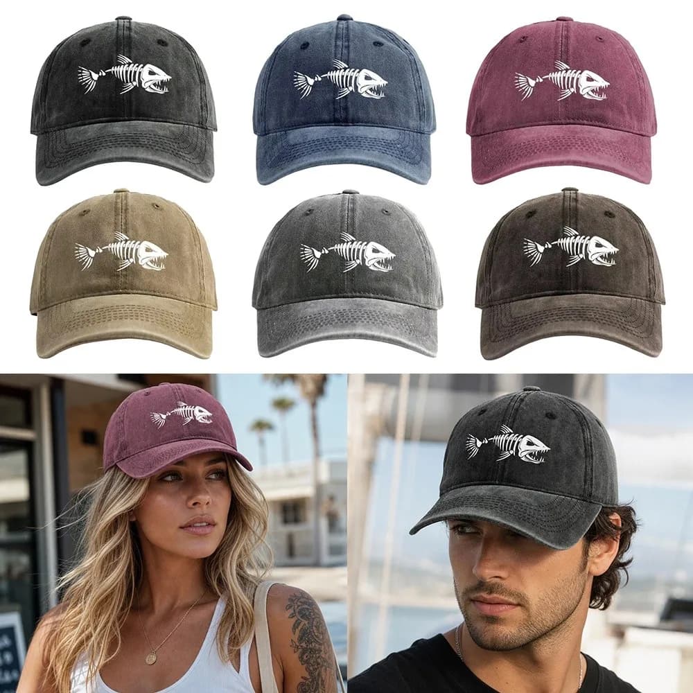 Nuovo Cappellino da Baseball Vintage Effetto Lavato con Motivo a Lisca di Pesce, Regolabile, Traspirante, con Protezione Solare, Cappello Distressed con Visiera per Pesca all'Aperto
