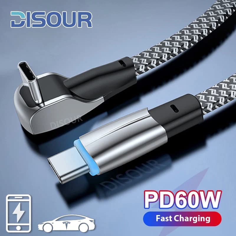 Quick charging cable PD 60W from type C to type C 90 degree USB C fast charger for Samsung Xiaomi Huawei with data transfer