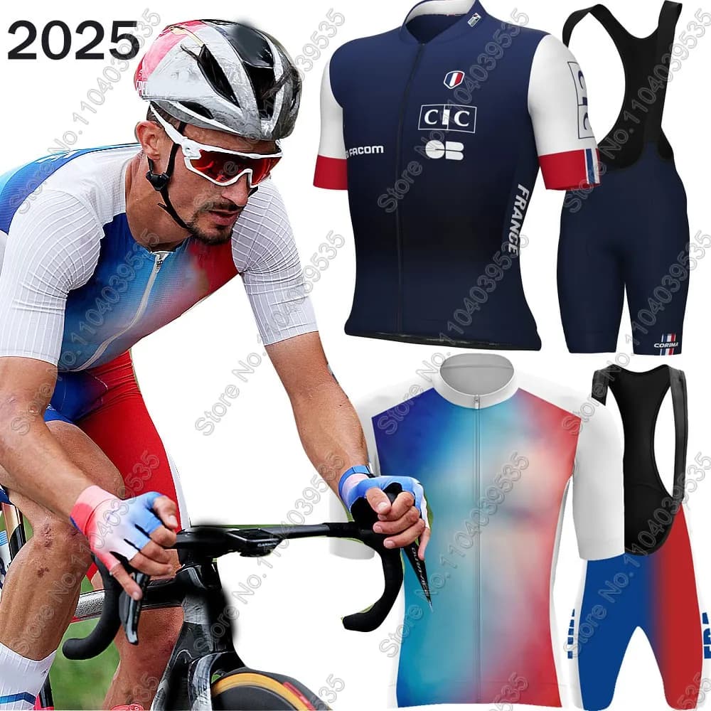Maglia da ciclismo Francia 2025 Alaphilippe Set Estate Abbigliamento della squadra nazionale francese Camicie da bici da strada Tuta Pantaloncini con bretelle da bicicletta MTB