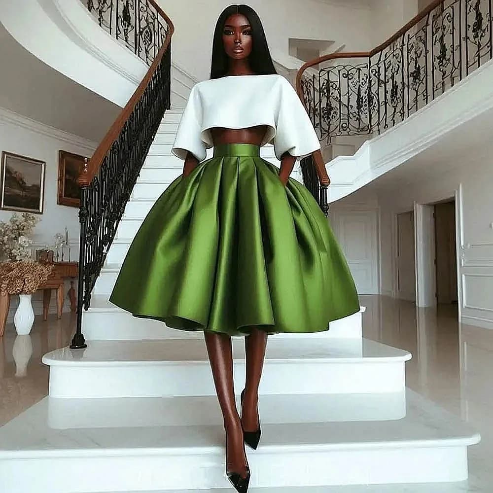 Gonna da donna al ginocchio in raso verde pieghe gonne da festa da sera a vita alta gonna lunga da compleanno formale per ragazze nere Aso Ebi