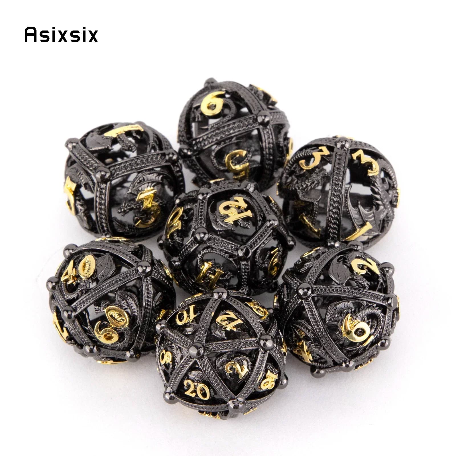 Set di 7 Dadi Rotondi in Metallo Nero con Drago Dorato, Dadi Poliedrici Cavi in Metallo, Adatti per Giochi di Ruolo RPG e Giochi da Tavolo, Idea Regalo