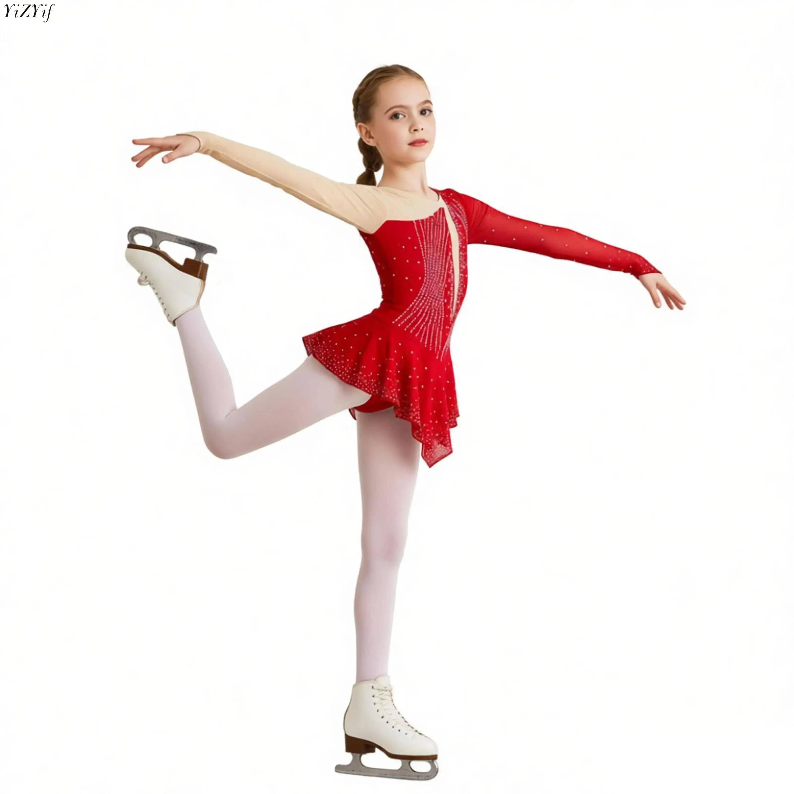 Abito da ballo lirico moderno per bambine, in rete trasparente a maniche lunghe, con schiena scollata e strass, per pattinaggio artistico e danza lirica