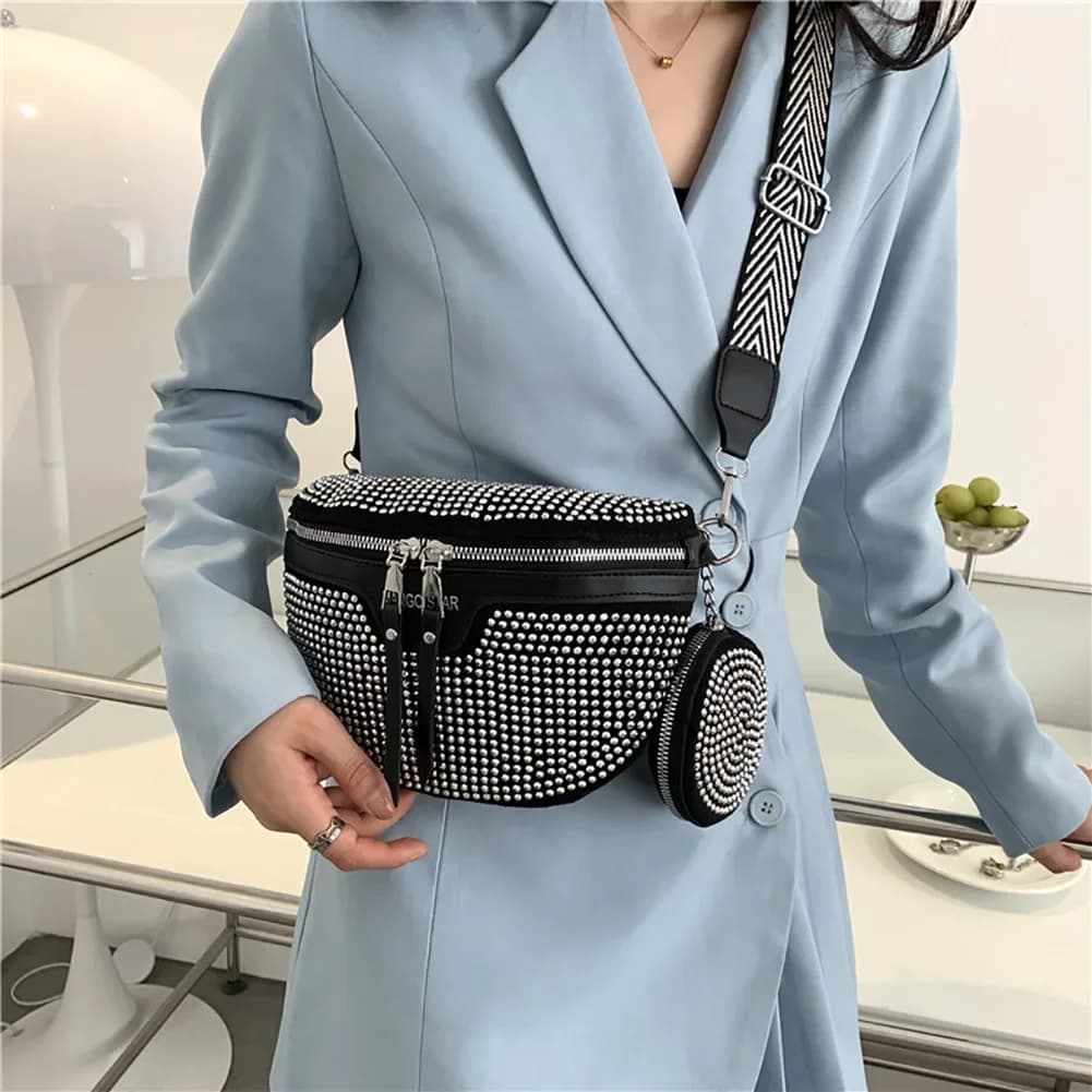 Moda strass marsupio borsa a tracolla tracolla in pelle PU petto telefono Pack donna viaggi d'affari all'aperto