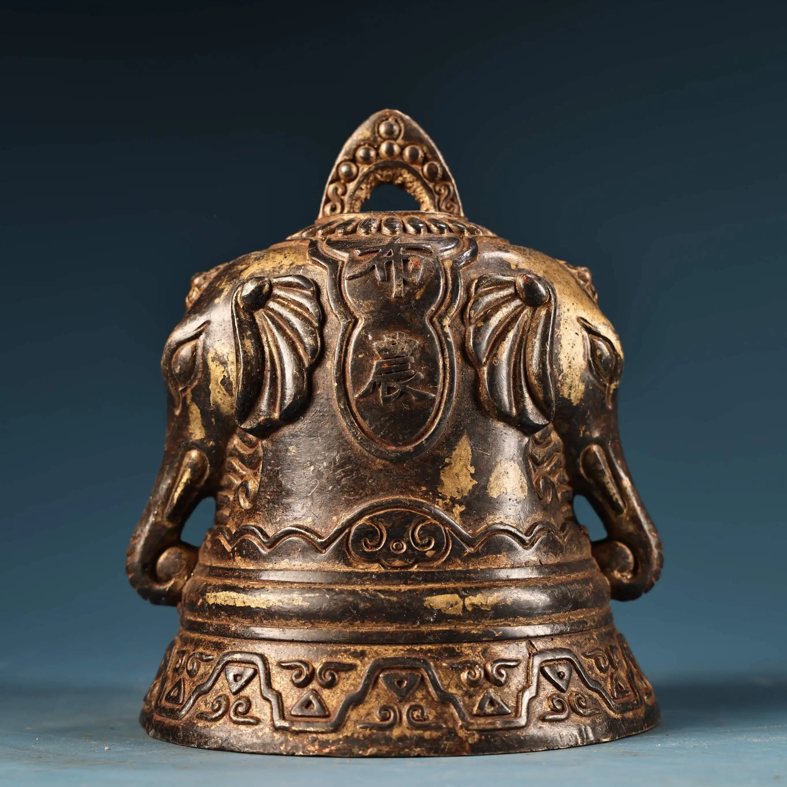 6"Tibetan Temple Collection Old Bronze Gilded High Relief Elephant Head Ear small bell Buddha Bell Amulet Worship Hall