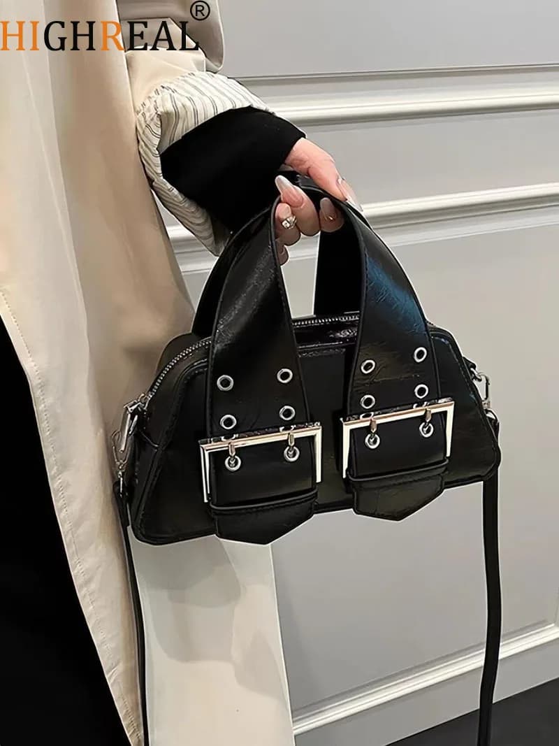 Borsa a mano con fibbia in pelle nera per ragazza calda Borse a tracolla chic in pelle punk da donna Borsa a tracolla alla moda estetica cool da donna