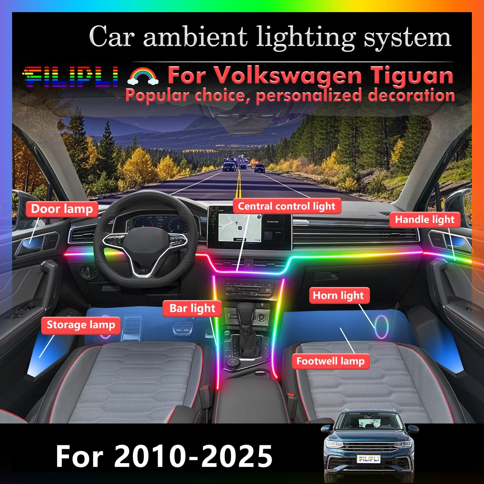 Kit 18 in 1 per Volkswagen Tiguan 5N AD1 CT1, Luci Ambientali LED per Auto, Illuminazione Atmosferica Colorata, Strisce Neon per Interni Auto, 64 RGB con App