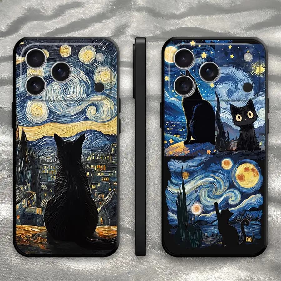 Van Gogh Starry Night Cat Phone Cover Case for Apple iPhone 17 Pro Max 7 8 12 Plus 13 Mini 16 15 11 Air XS XR