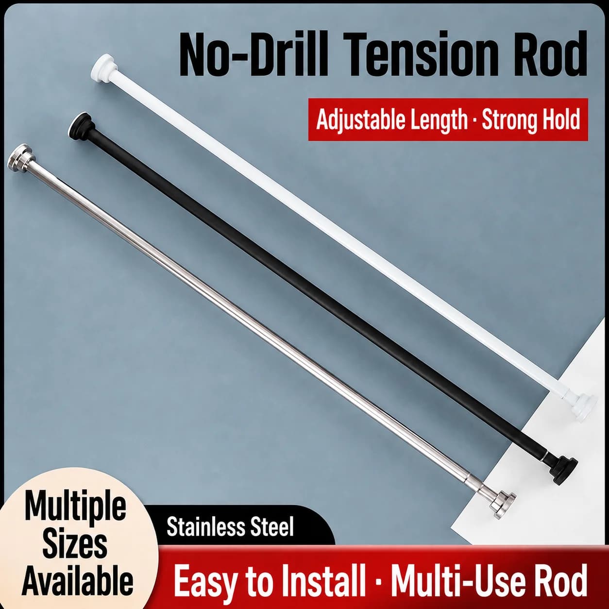 Telescopic Tension Rod Adjustable Window Curtain Rod Tension Rod Multi Use For Closet Hanging Shower Curtain Tiled Wall