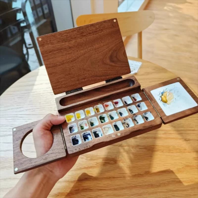 Black Walnut Watercolor Box Portable Folding Watercolor Palette Cases Oil Paint Box Beginners Outdoor Sketching Painting Art Too
