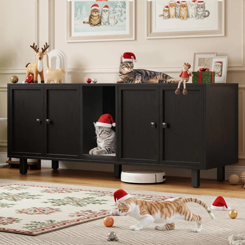 59 Inches Dual Cat Litter Box Enclosure with Scratch Pad and Double Room Wooden Furniture