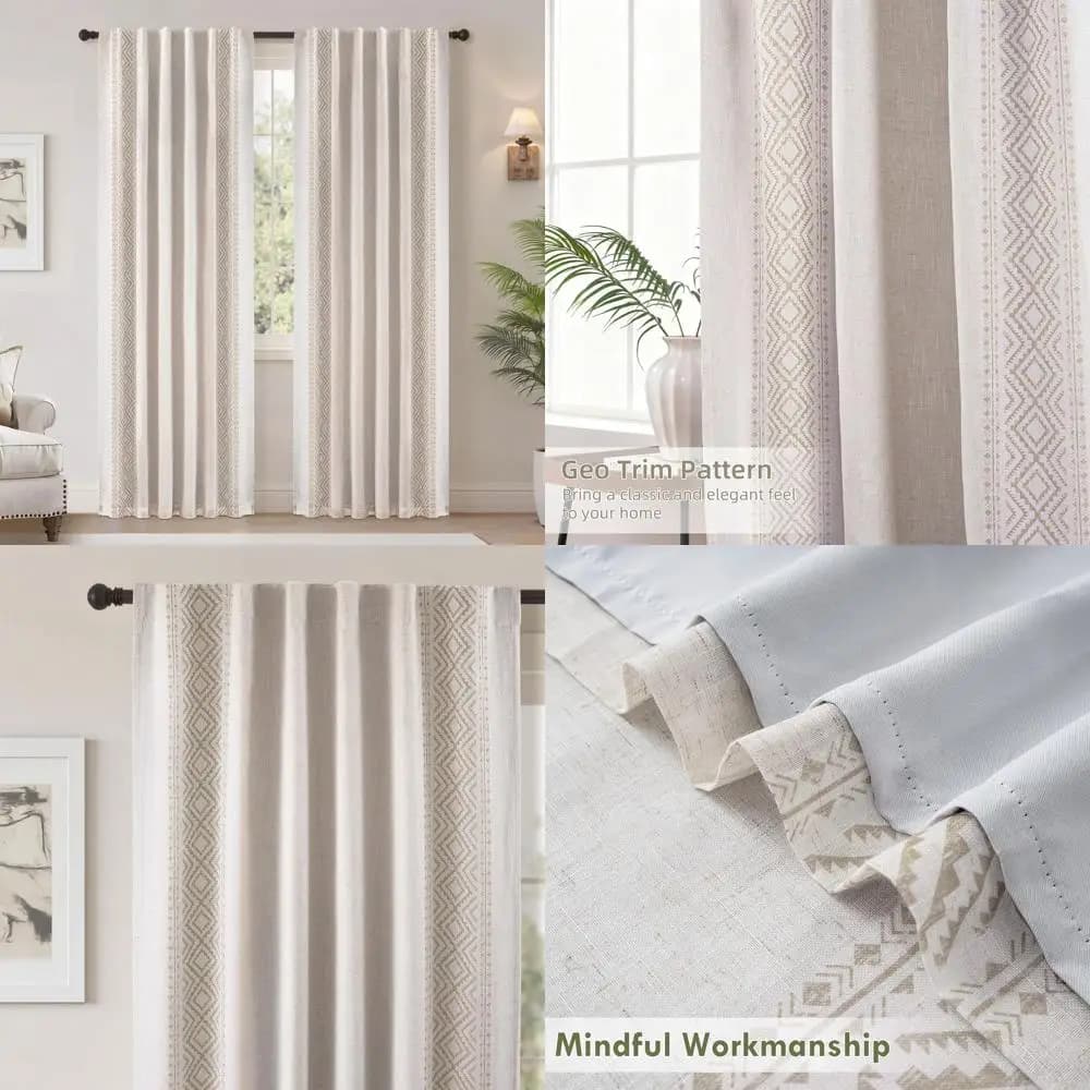 Tende Oscuranti in Lino con Motivo Geometrico Vintage, Doppio Strato Isolante, Tende Foderate per Soggiorno/Camera da Letto, 84 Beige