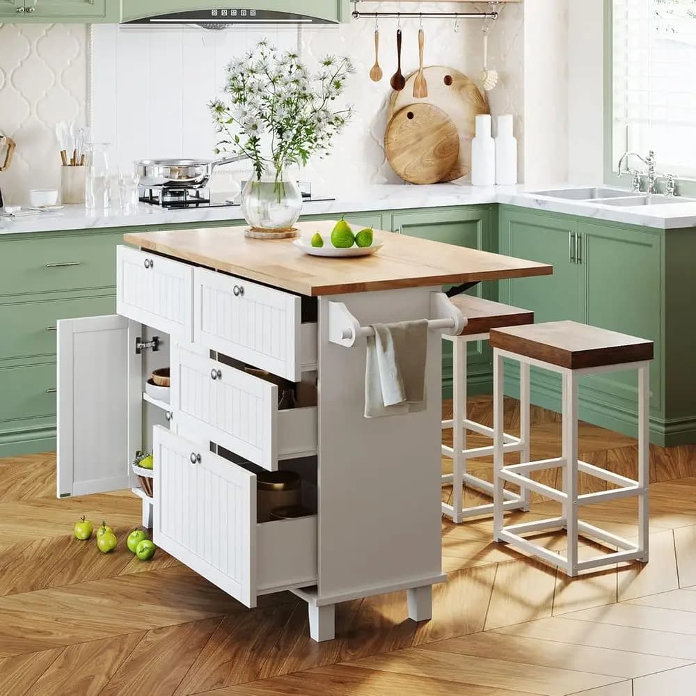 Set da Cucina Rustico Bianco e Marrone a 3 Pezzi con 2 Sgabelli, Tavolo Pieghevole, Armadietto, Cassetti e Portasciugamani