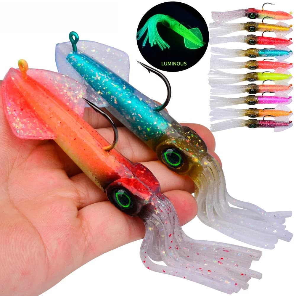 1 pezzo Esca biomimetica robusta da superficie, luminosa al buio, a forma di calamaro, 13 cm 35,5 g, jighead, esca morbida a forma di polpo, attrezzatura da pesca
