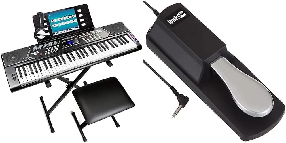 61-Key Electronic Keyboard Piano with Pitch Bend Kit, Keyboard Stand, Bench, Headphones, and Universal Sustain Pedal with Polarity Switch for Digital Pianos and Keyboards