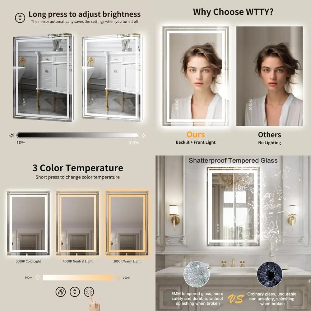 Specchio da bagno retroilluminato a LED dimmerabile 24x36 e illuminato frontale, antiappannamento, specchio da parete moderno con funzione di memoria e infrangibile