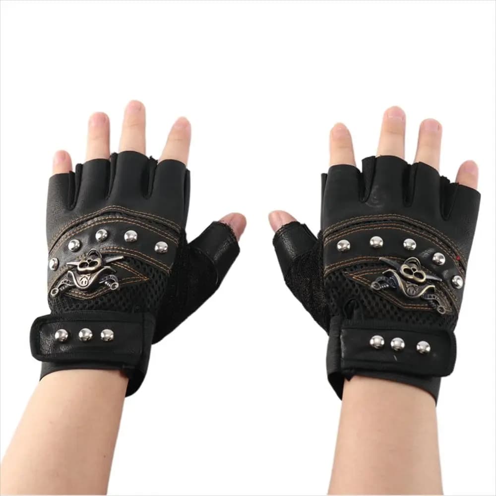 Guanti da Moto Donna in Pelle PU Antiscivolo con Borchie Punk, Guanti Mezze Dita per Ciclismo, Guanti da Moto con Teschi