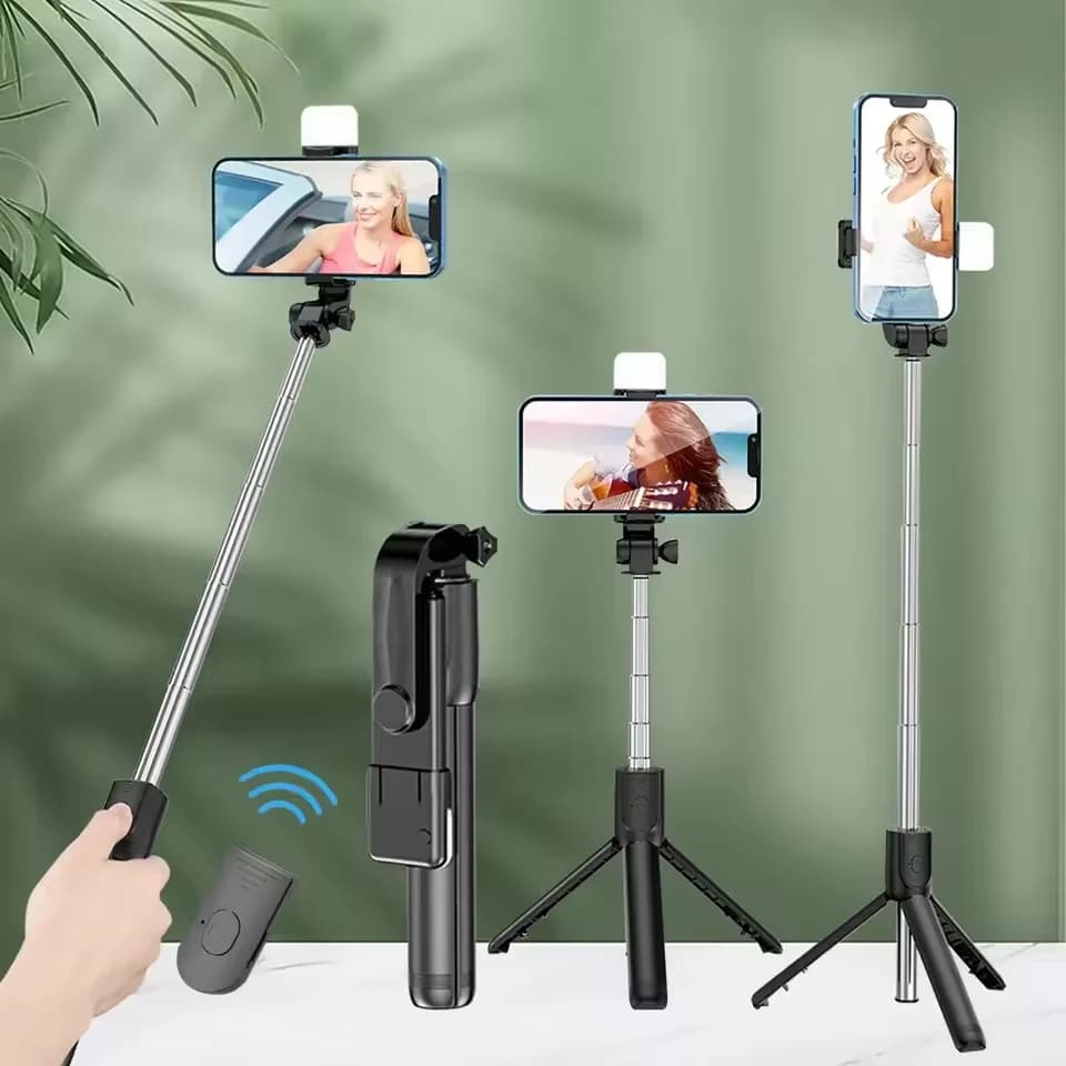 Treppiede portatile per selfie Bluetooth 3 in 1 con luce di riempimento e telecomando per scatto remoto, monopiede pieghevole per iPhone e smartphone