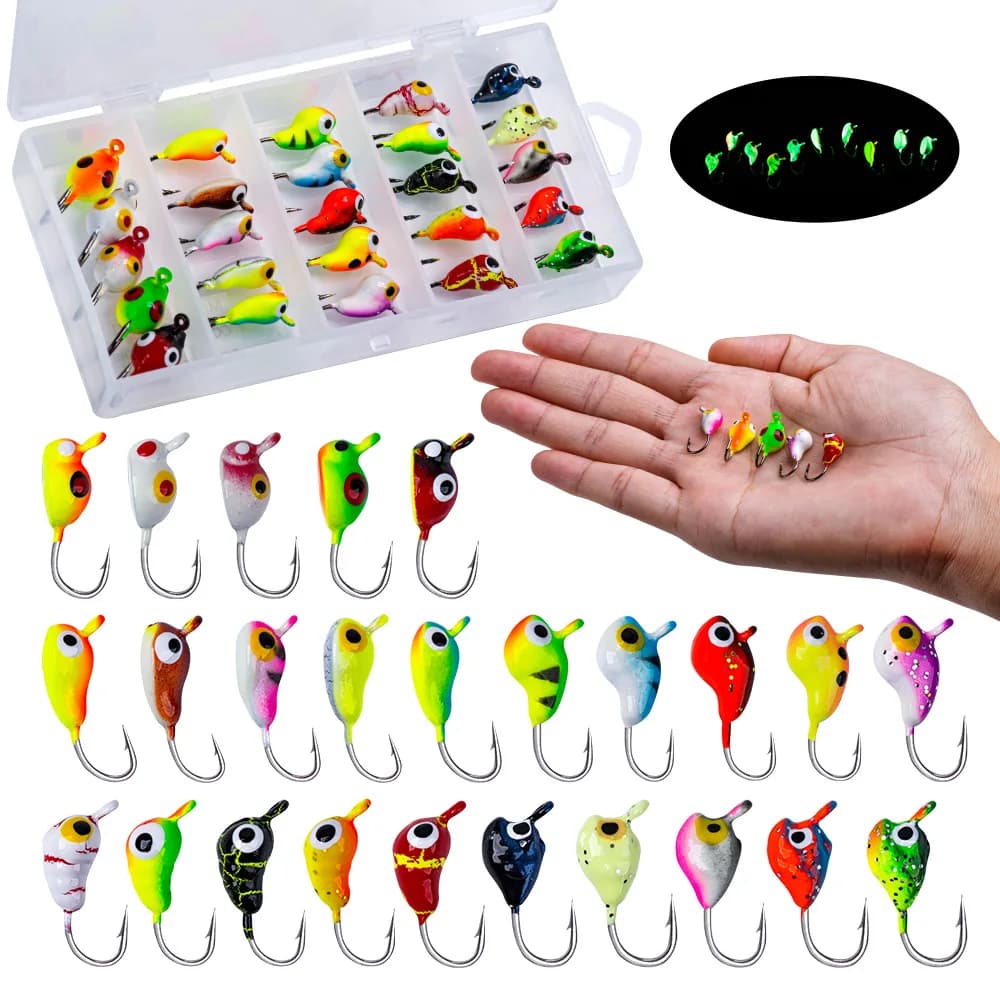 Goture 1/scatola Esche da pesca Maschere da pesca sul ghiaccio Attrezzi da pesca sul ghiaccio luminoso Spigola Crappie Maschere Testa Ganci per l'inverno Ghiaccio Jigging Lure