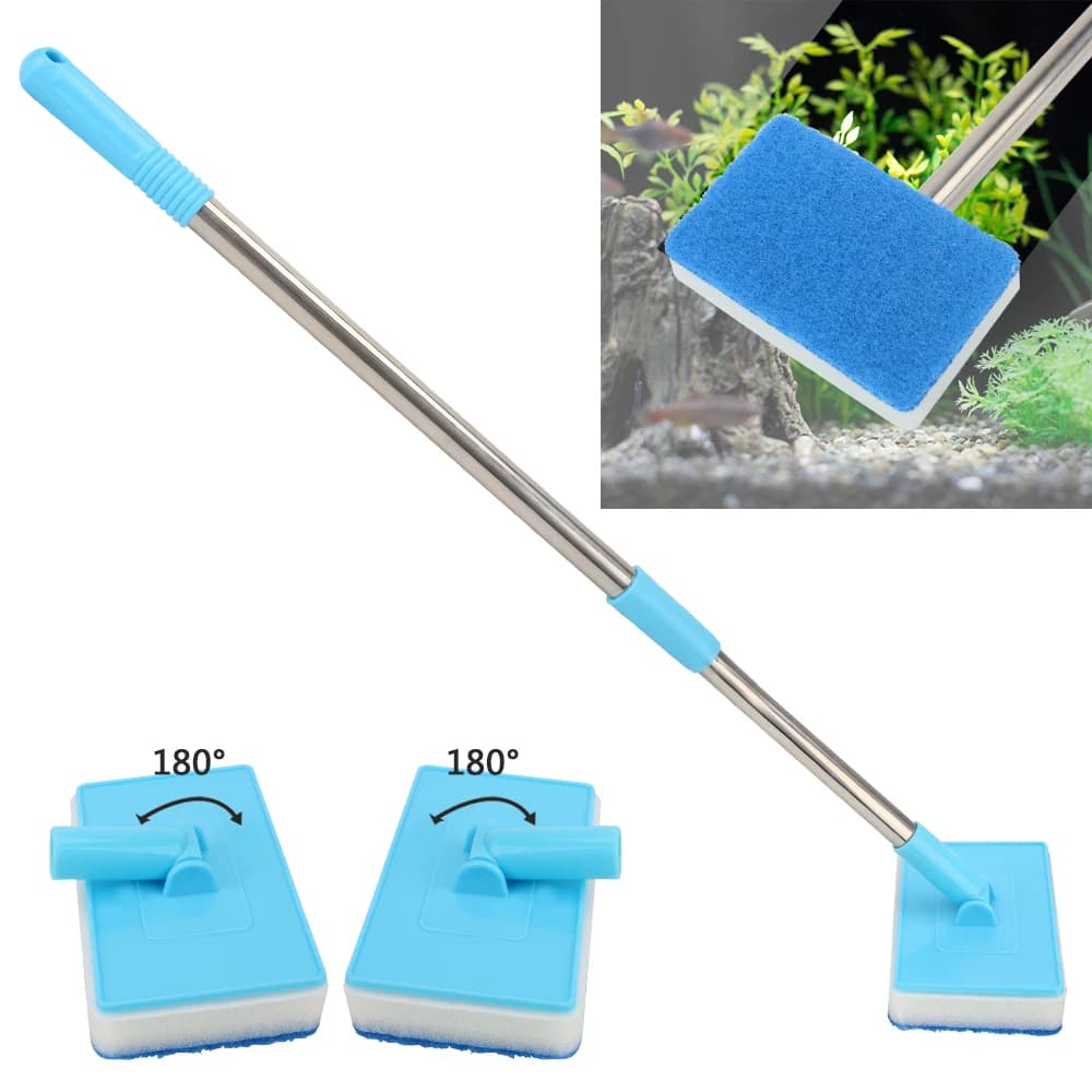 Cleaner Scrubber Spazzola per pulizia in spugna bifacciale 180 ° Alghe per finestra in vetro per acquario con manico super lungo regolabile