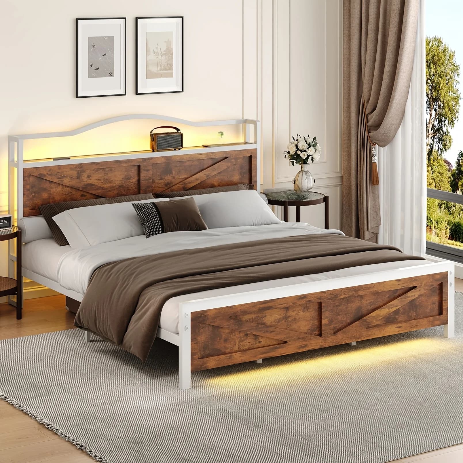 Base letto matrimoniale/queen size con testiera, supporto a doghe in metallo resistente, silenziosa, non richiede rete a molle, facile da montare