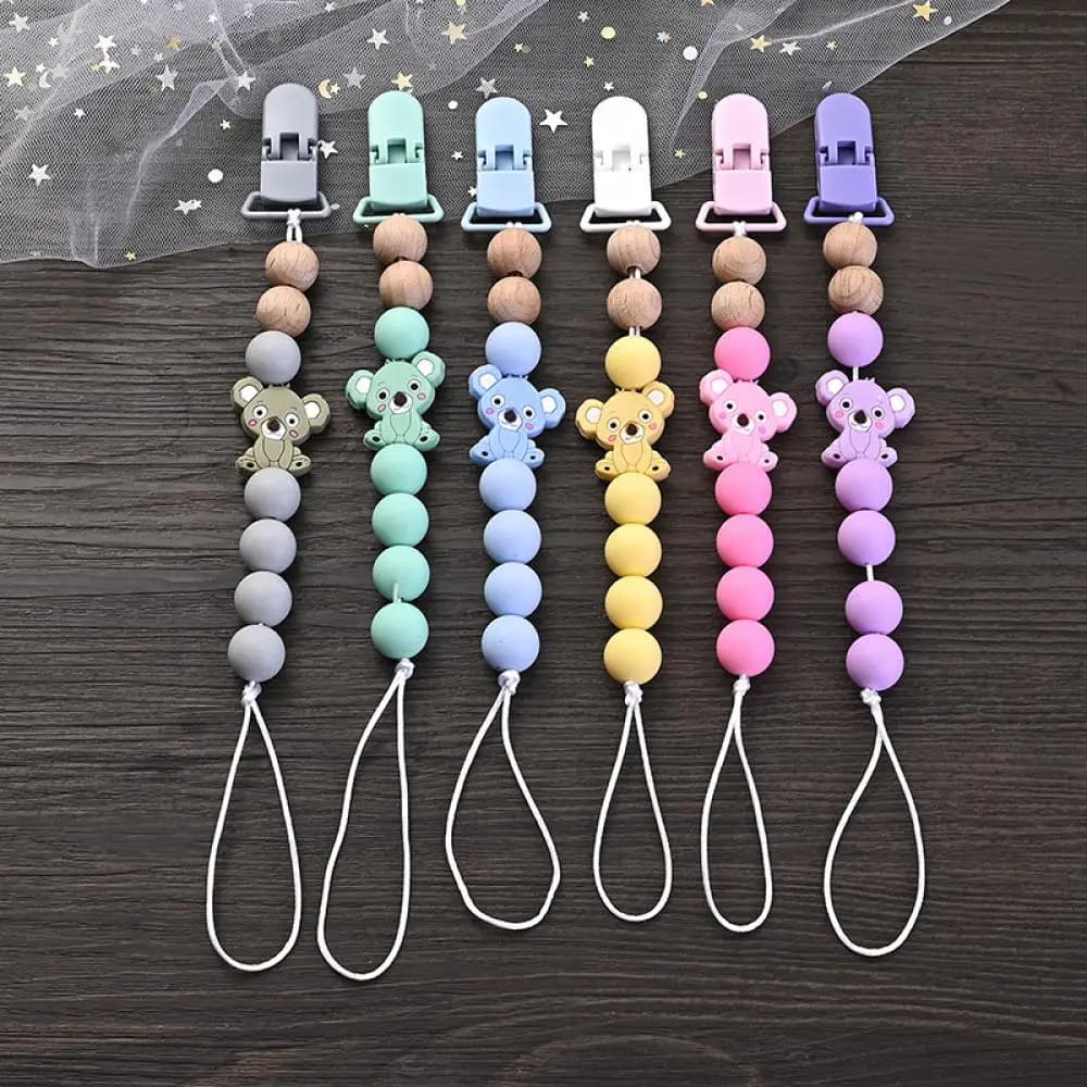 Massaggiagengive in legno per catena ciuccio per bambini Giocattoli da masticare per allattamento Regalo Clip per ciuccio per bambini Catena per dentizione per animali in silicone per cartoni animati