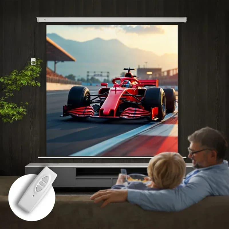 120-Inch electric projector screen with remote control, plastic and genus, 236x8x236.5 cm, white