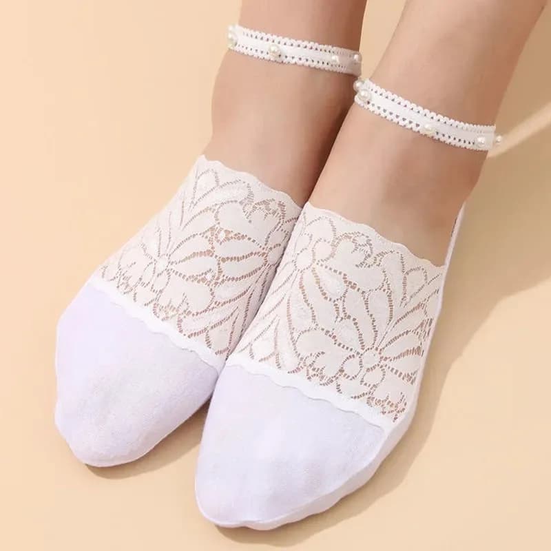 Calzini Invisibili da Donna, Calzini alla Caviglia Sottili con Bordo in Pizzo Perlato, Calzini a Barca in Cotone Sottile per Ballerine/Mocassini, Antiscivolo, Estivi, Casual