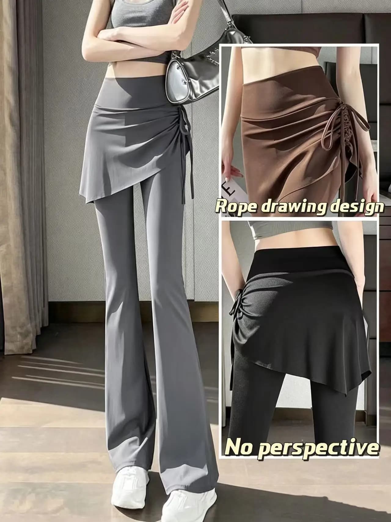 Nuovi pantaloni da yoga da donna con lacci e pieghe, gonna a zampa sportiva, pantaloni slim a vita alta per Pilates, corsa e fitness