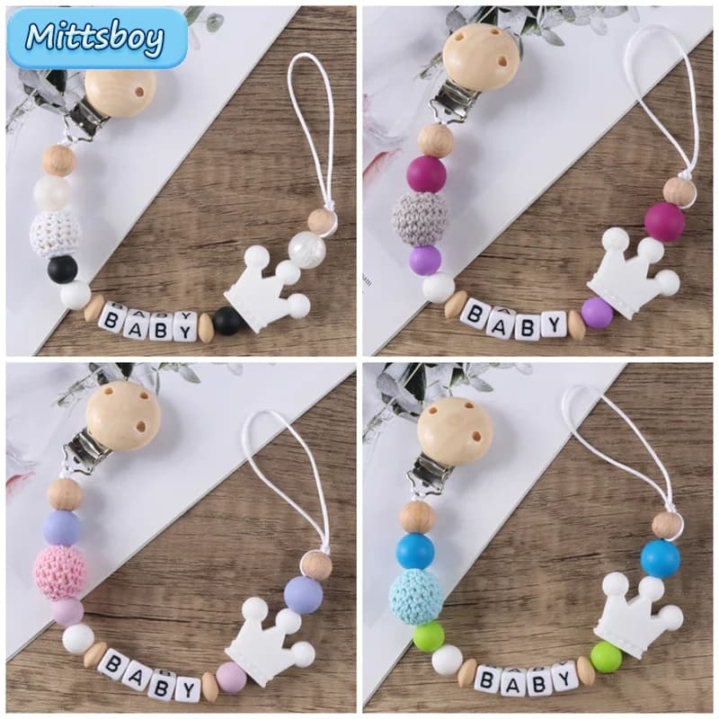 Nome personalizzato Perline in silicone fatte a mano mastica giocattoli regalo per infermiere Corona Collana per dentizione Clip per ciuccio con nome BABY fai da te personalizzato