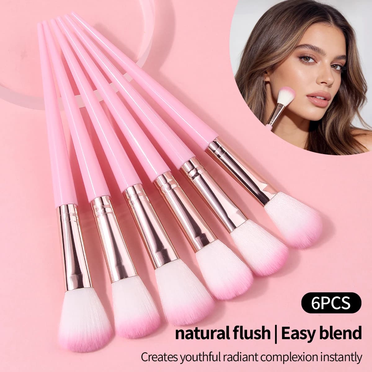 Set di 6 Pennelli per Trucco Rosa, Manico Lungo e Sottile in Plastica, Setole Bianche, Punte Rosa, Pennello per Contorno, Pennello per Scolpire il Viso