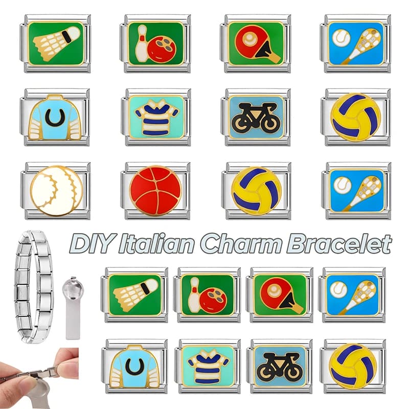 New Fashion Sport Basket Calcio Ping pong Collegamenti di ciondoli italiani adatti Bracciale da 9 mm Gioielli in acciaio inossidabile Creazione fai-da-te
