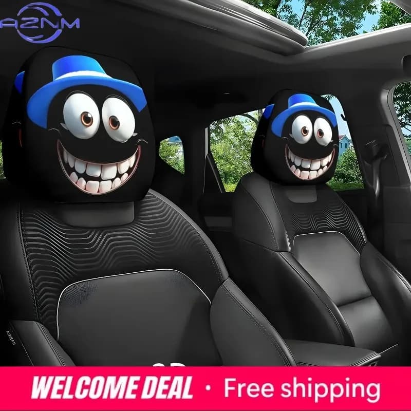 2 Pezzi Copri Poggiatesta Auto con Stampa Gatto Sorridente Blu, Divertenti Coperture Protettive per Poggiatesta con Occhi Grandi Neri, Decorazione Auto