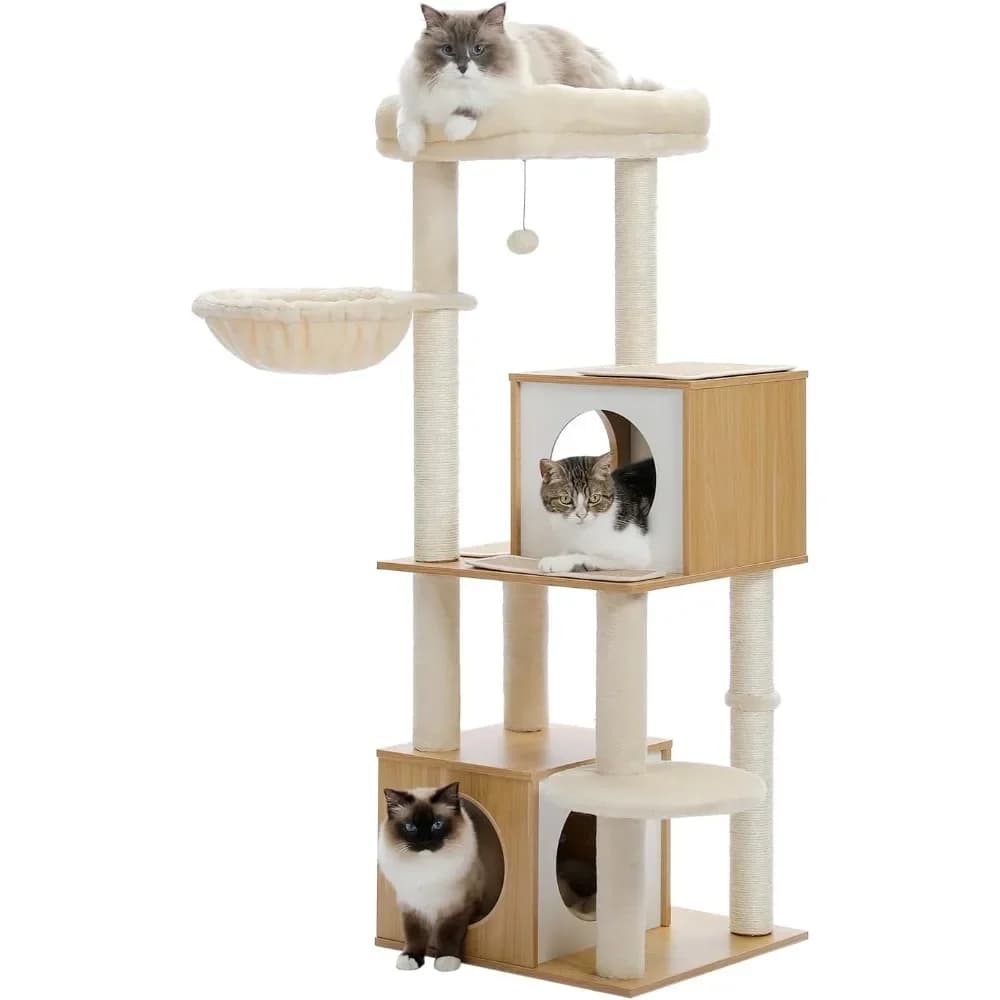 PAWZ Road Grande albero per gatti, torre per gatti in legno da 51 pollici con doppi condomini, pesce persico spazioso, amaca morbida e sisal completamente avvolto P