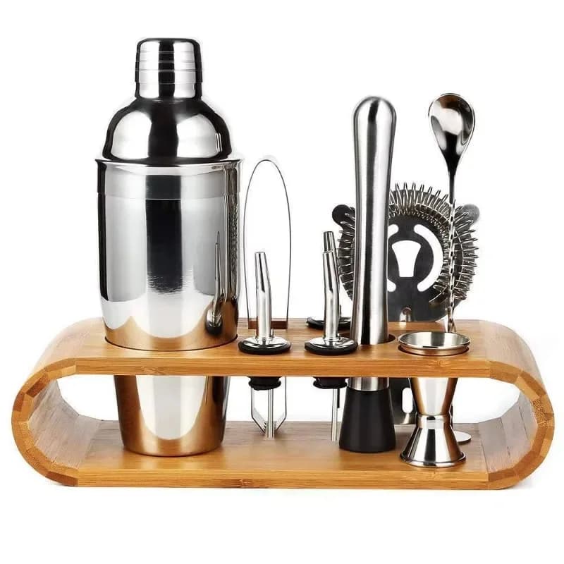 Set di accessori da bar in acciaio inox 9 pezzi con sgabello con struttura in legno e shaker per cocktail