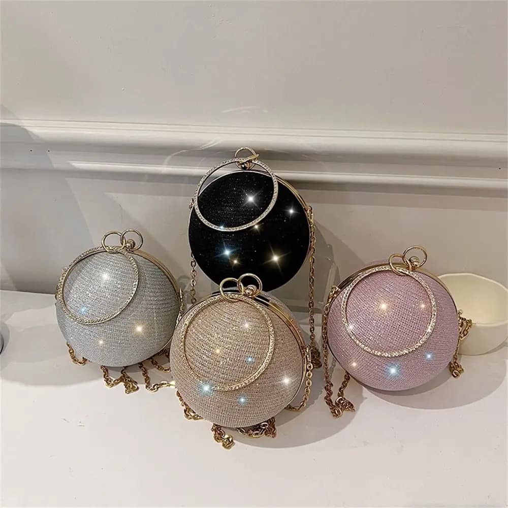 Borsa da Sera Circolare alla Moda, Borse a Spalla di Lusso per Matrimoni e Feste, Eleganti Pochette con Catena Decorativa in Strass