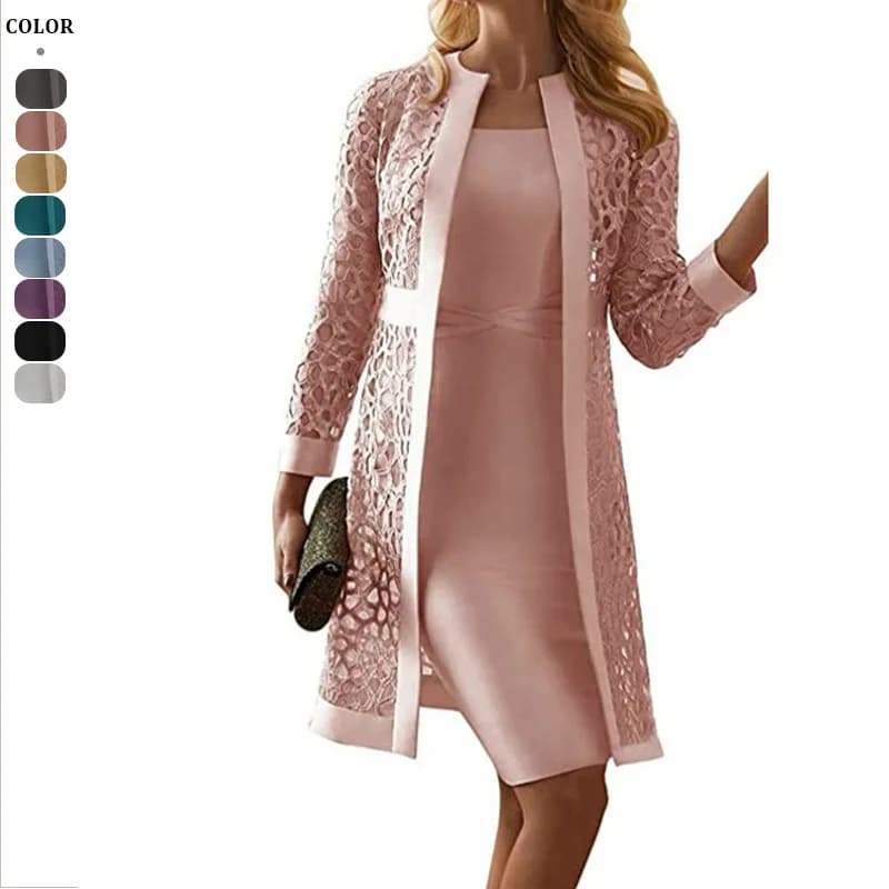 Abito cardigan in pizzo Wein con due cappotti Lady Donna Gonna donna Abiti Set cappotto Abito scava fuori ufficio formale in cotone e lino