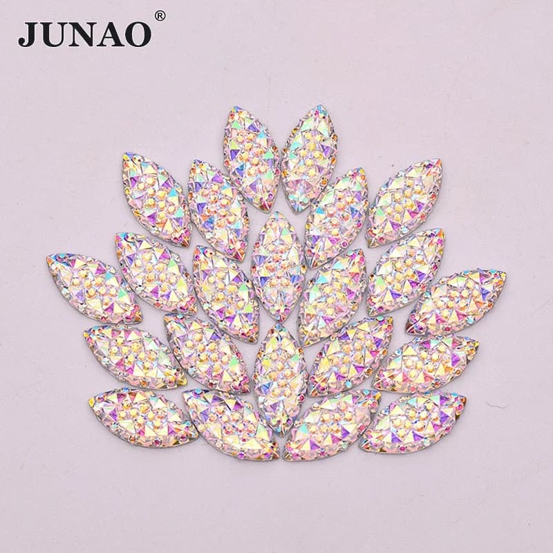 JUNAO 7x15mm 100pc AB Resina Cabochon Strass Applique Occhio di Cavallo Strass Non Cucire Pietre Parte Posteriore Piana Diamante di Cristallo per il Vestito