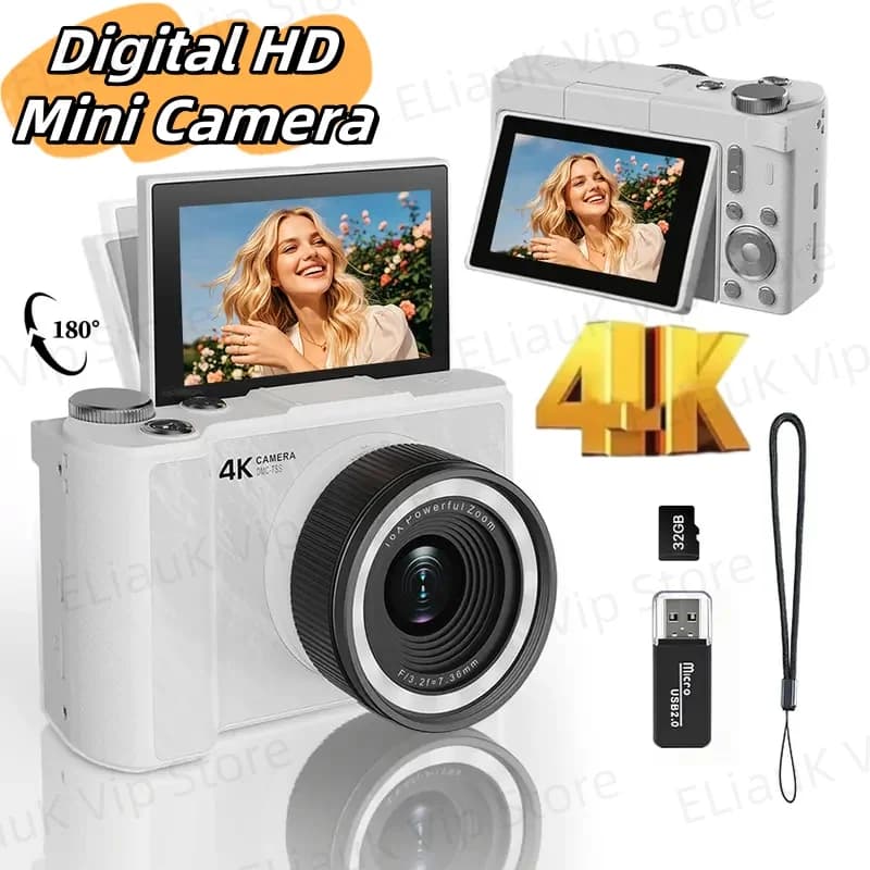 Fotocamera digitale 4K Mini autoscatto CCD Zoom digitale 16X Schermo pieghevole portatile con scheda da 32 GB Fotocamera anti-vibrazione Regalo di Natale